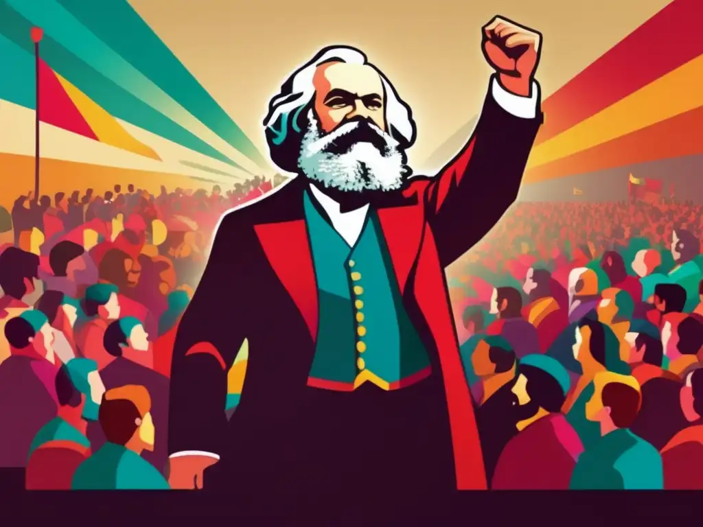 Karl Marx inspirando a multitudes con un discurso revolucionario