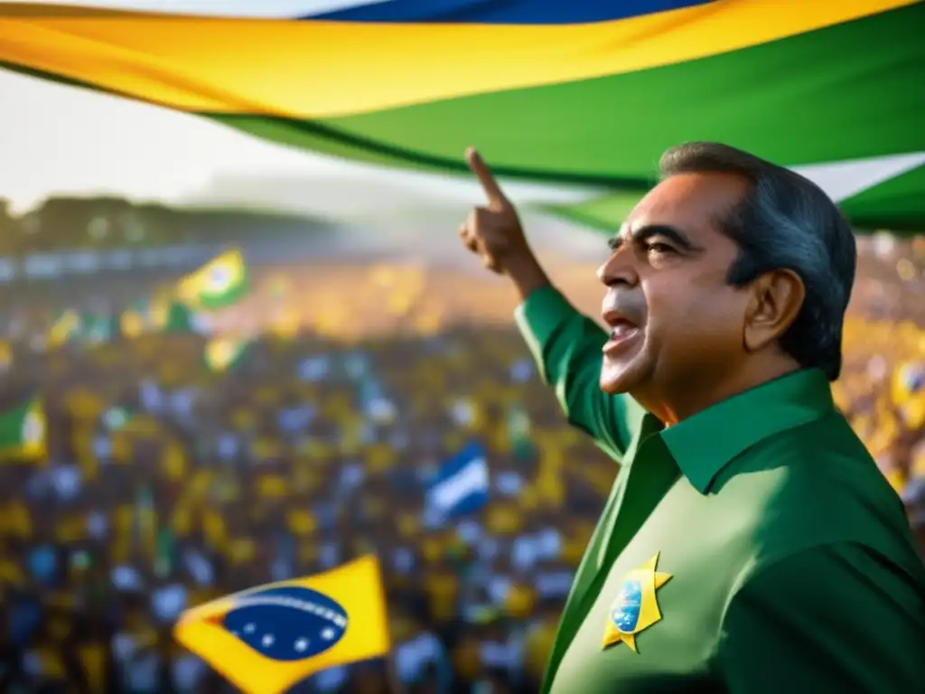 Leonel Brizola liderando multitudinaria concentración política en Brasil, reflejando su legado político y carisma