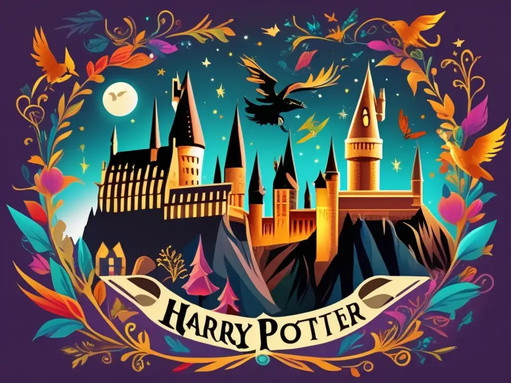 Un mundo mágico con el castillo de Hogwarts, escobas voladoras y hechiceros lanzando hechizos