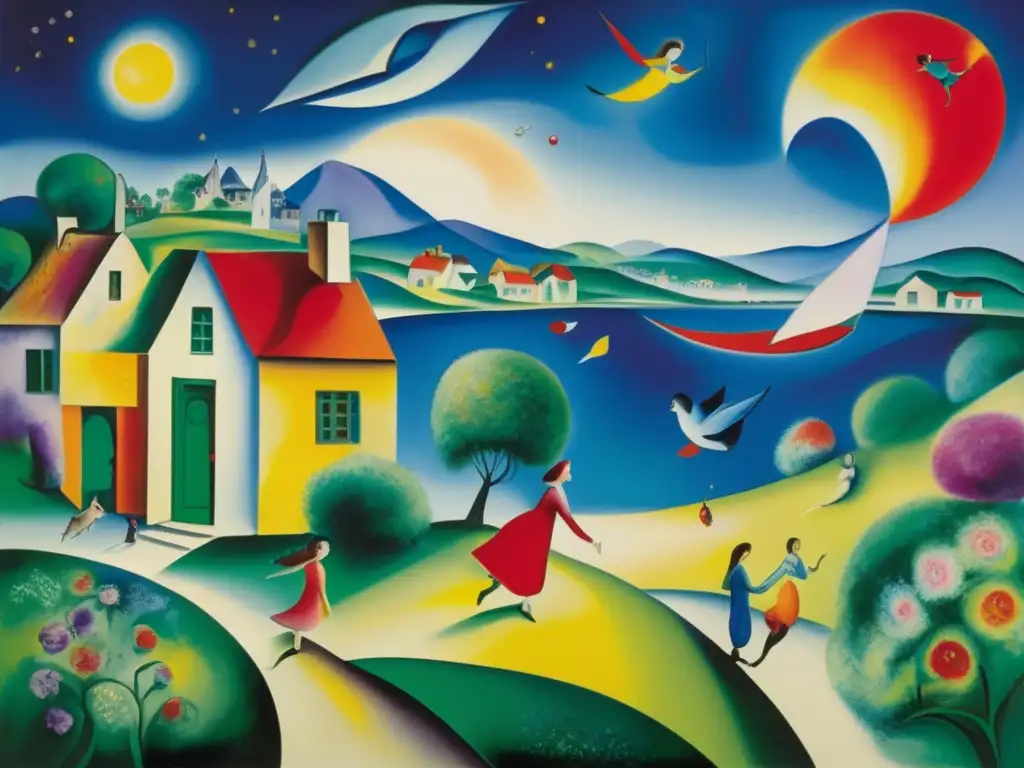 Un mundo onírico cobra vida en esta pintura de Marc Chagall, con figuras caprichosas y casas flotantes