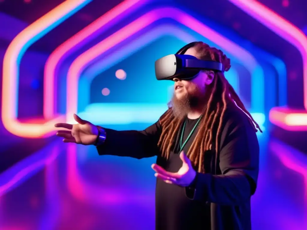 Jaron Lanier explorando un mundo virtual futurista con colores vibrantes y estructuras intrincadas
