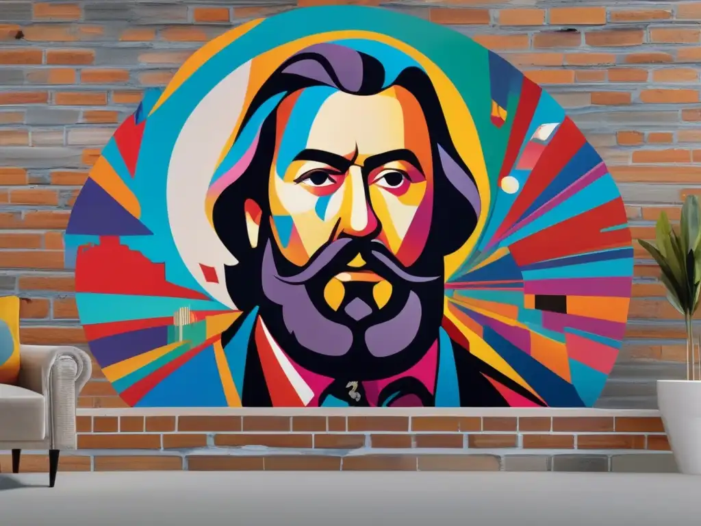 Un mural de arte moderno impresionante muestra una representación abstracta y colorida de Alexander Herzen, rodeado de símbolos revolucionarios