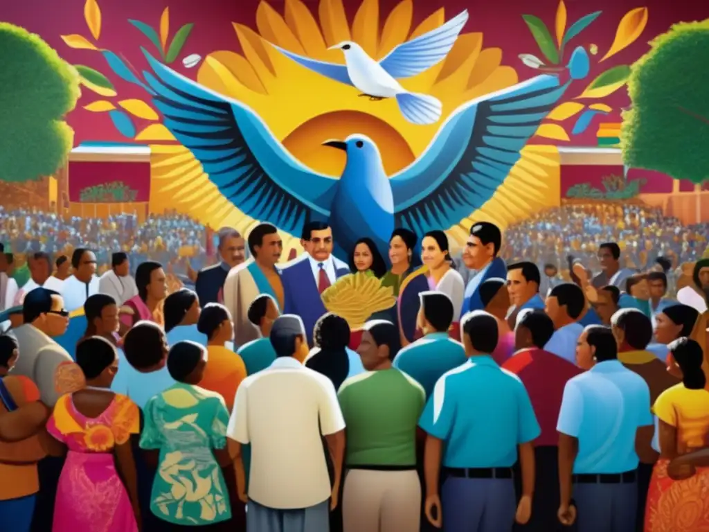 Un mural de arte moderno de 8k detalla el legado de pacificación de Centroamérica de Oscar Arias, rodeado de gente diversa y símbolos de paz