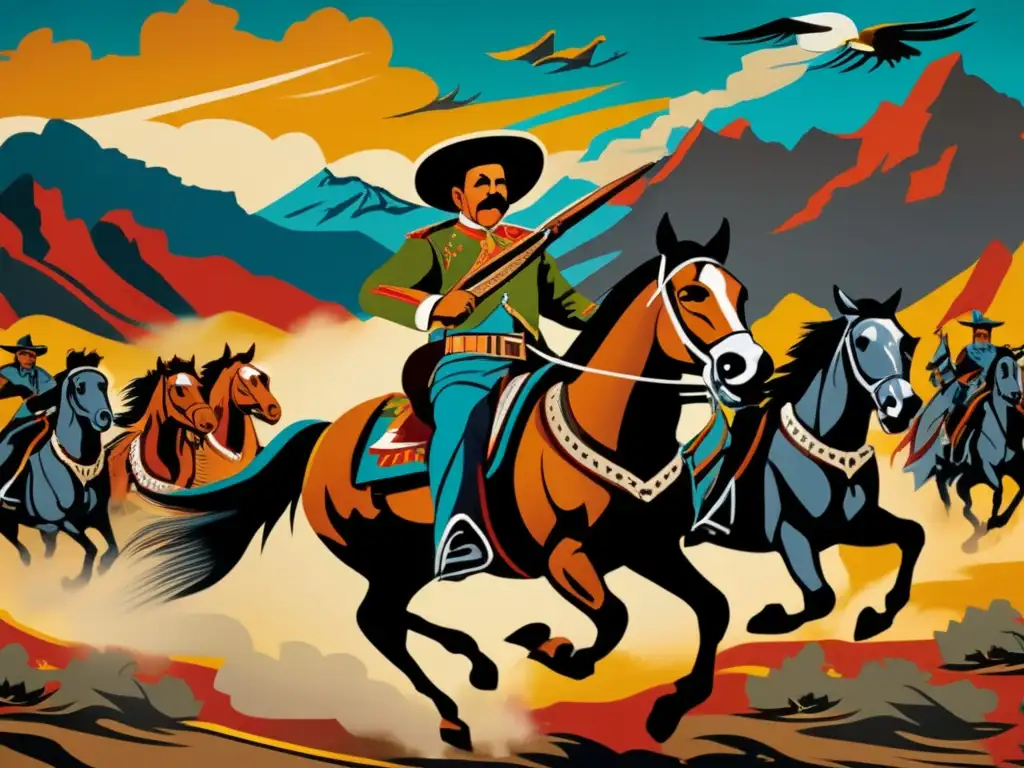 Un mural de Pancho Villa liderando una carga de caballería, capturando la energía y caos de la batalla