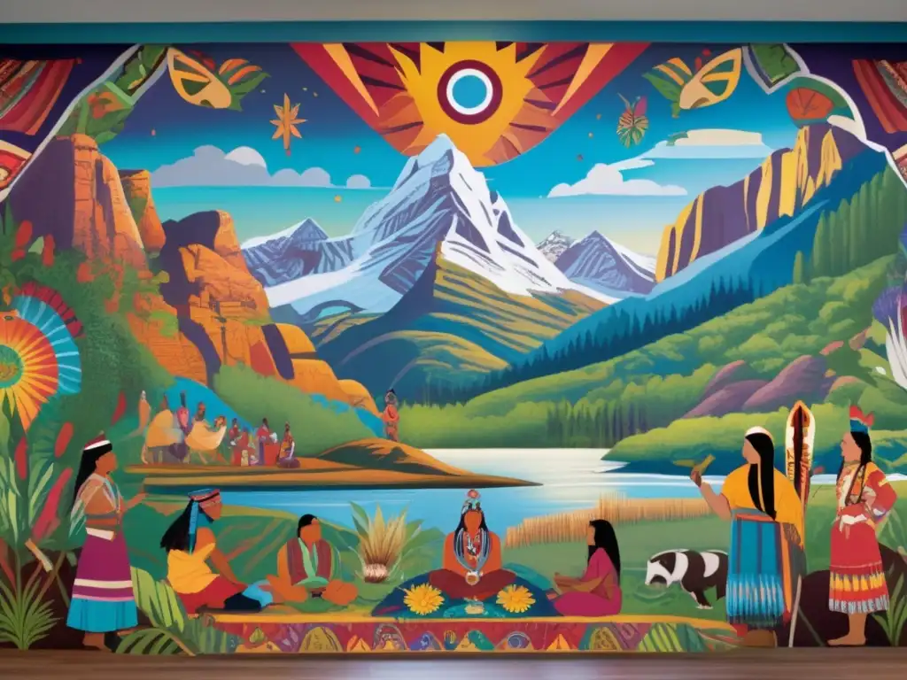 Un mural colorido representa a líderes indígenas en actividad política, rodeados de símbolos naturales y espirituales