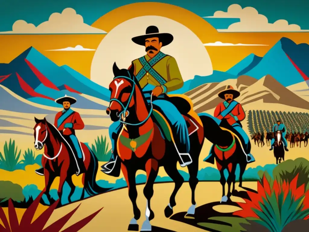 Un mural colorido muestra a Pancho Villa liderando a revolucionarios a caballo en el campo mexicano