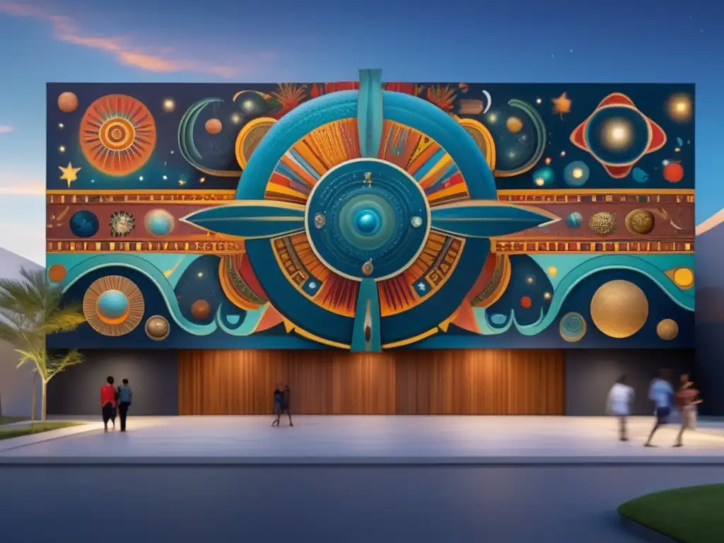 Un mural de la cosmovisión Bantú: Historia y significado, con colores vibrantes y patrones intrincados, en la fachada de un museo moderno