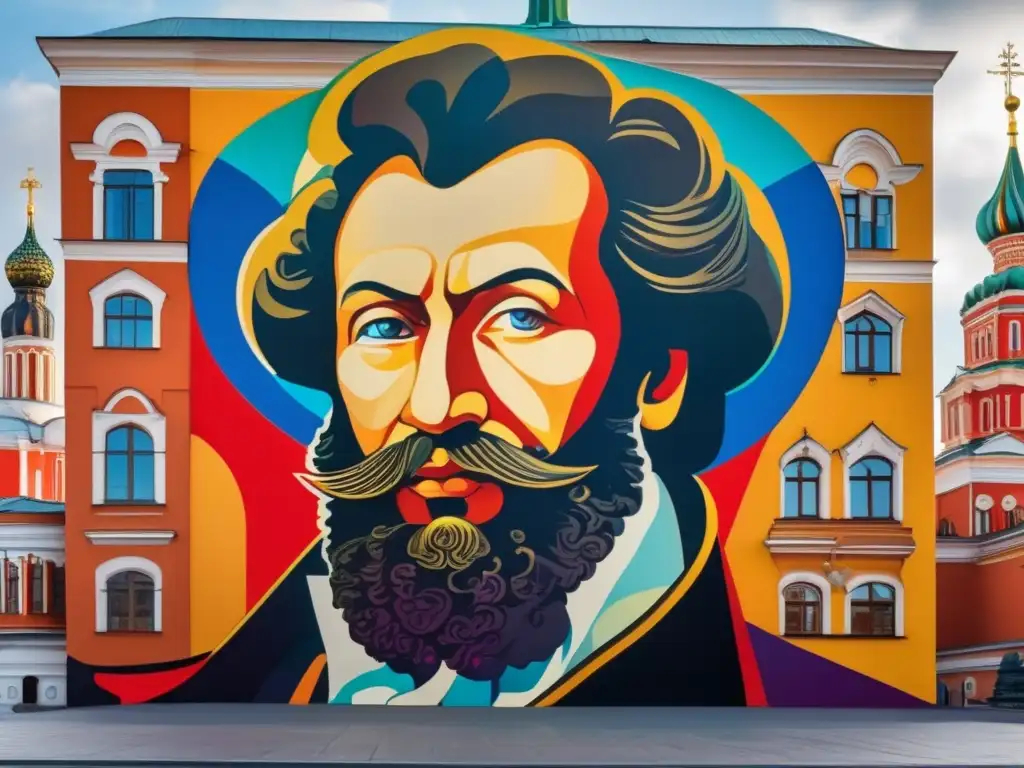 Un mural detallado en 8k de Alexander Pushkin en Moscú, con la Catedral de San Basilio y el Kremlin de fondo