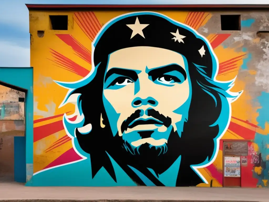 Un mural impactante de Che Guevara en colores vibrantes y escenas de protesta, solidaridad y activismo