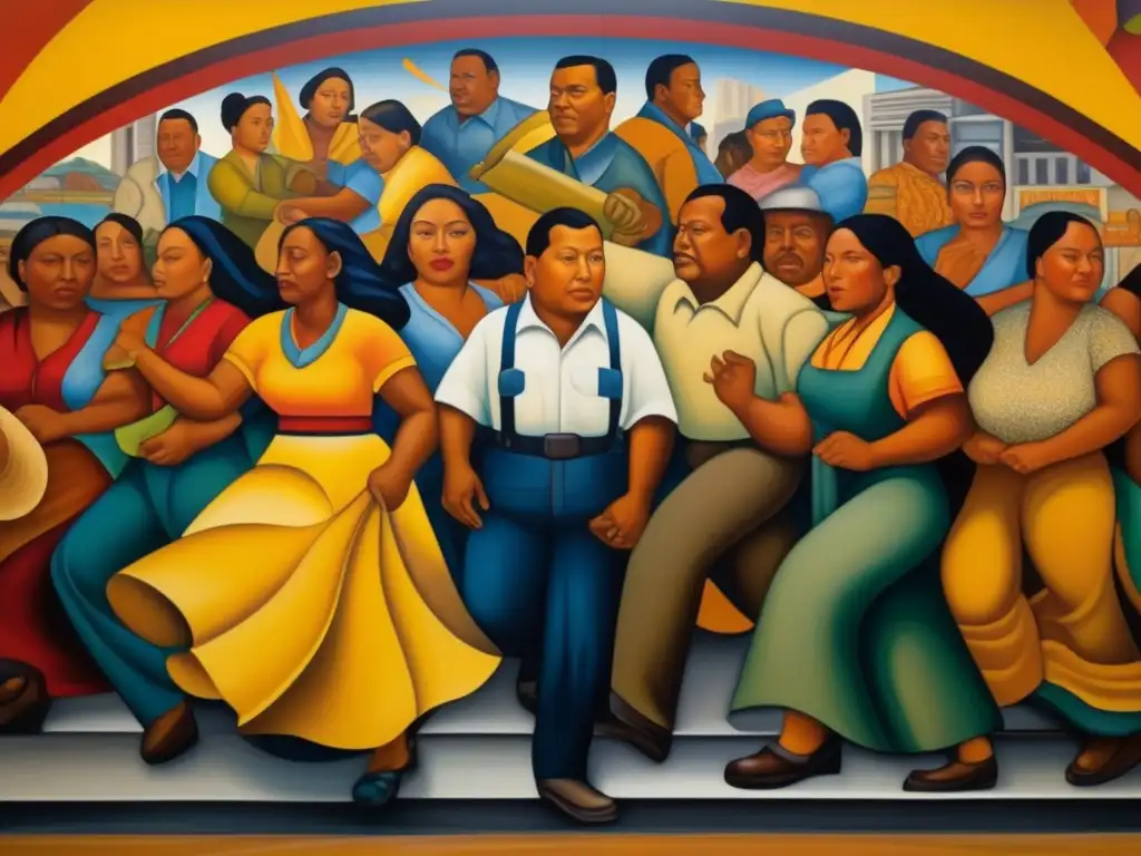 Un mural impactante de Diego Rivera, con figuras dinámicas que representan la lucha y los triunfos de la clase trabajadora