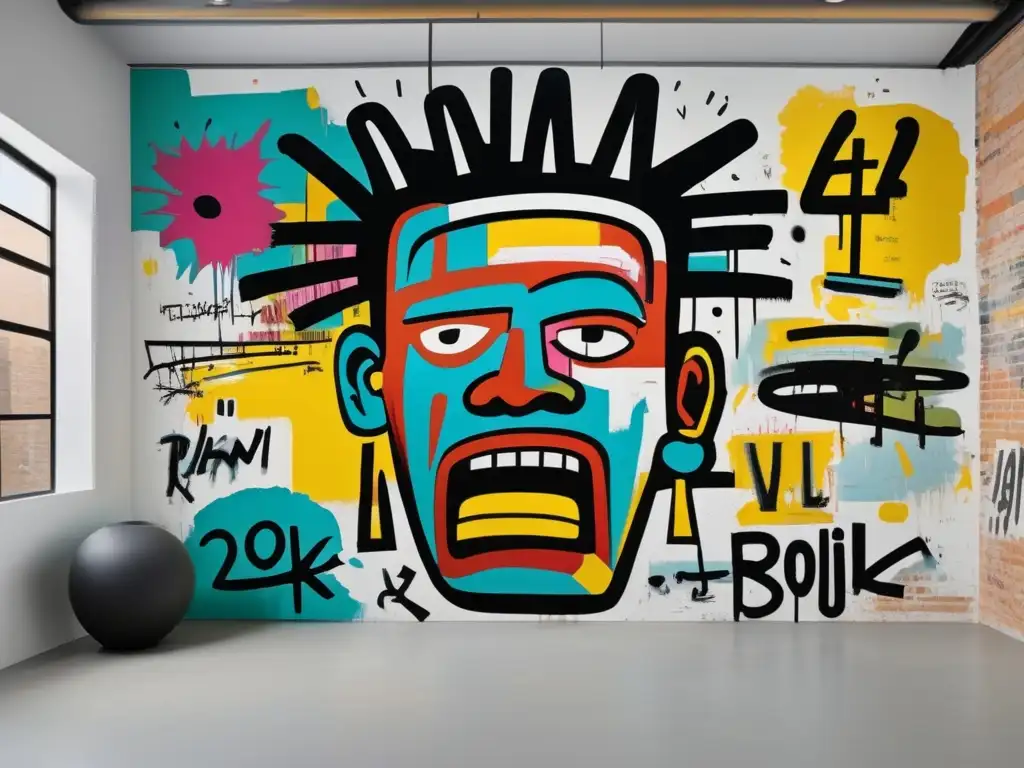 Un mural impactante de Jean-Michel Basquiat, con líneas expresivas, colores dinámicos y un retrato con intensidad emocional