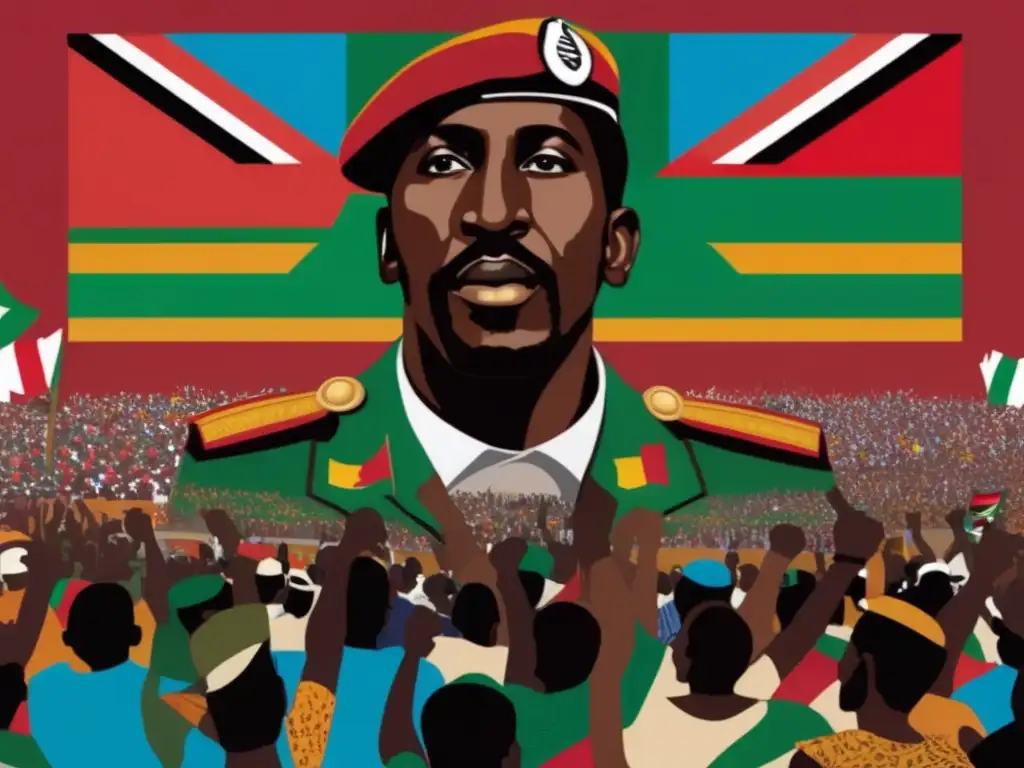 Un mural moderno de Thomas Sankara con la bandera de Burkina Faso, reflejando su espíritu revolucionario y legado en la democracia de Burkina Faso
