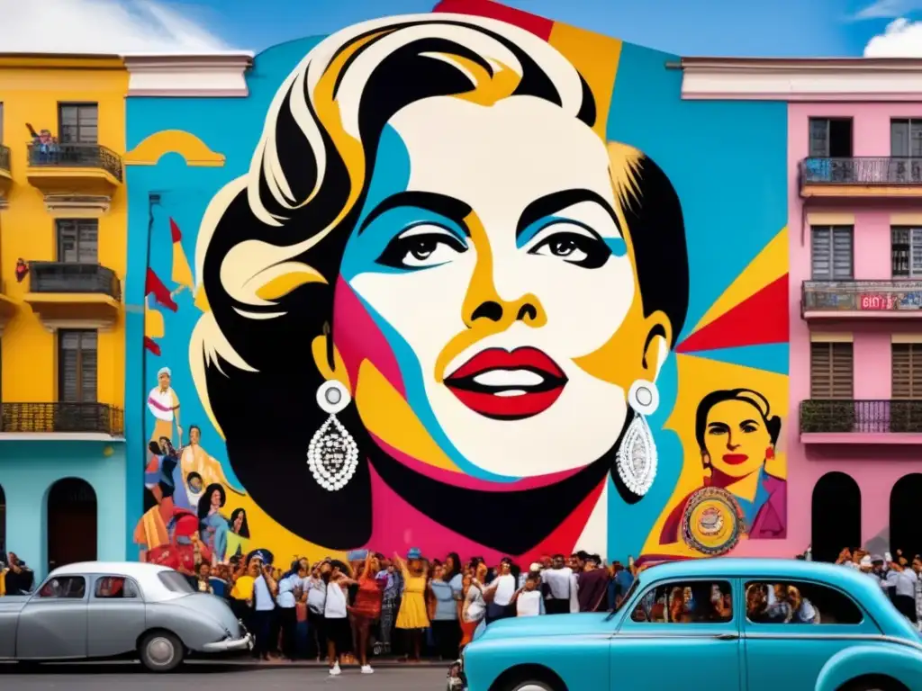 Un mural moderno y poderoso en Buenos Aires representa a Eva Perón entre una multitud, con colores vibrantes y pinceladas audaces
