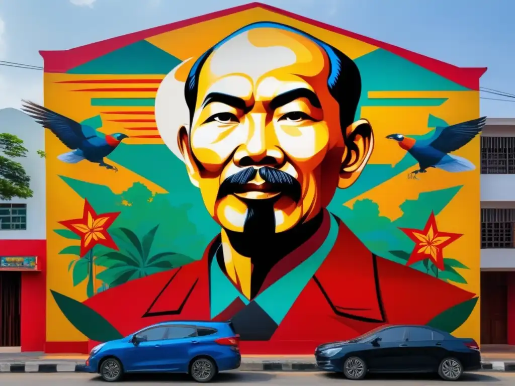 Un mural moderno y vibrante de Ho Chi Minh, líder revolucionario Vietnam, con colores impactantes y simbolismo potente