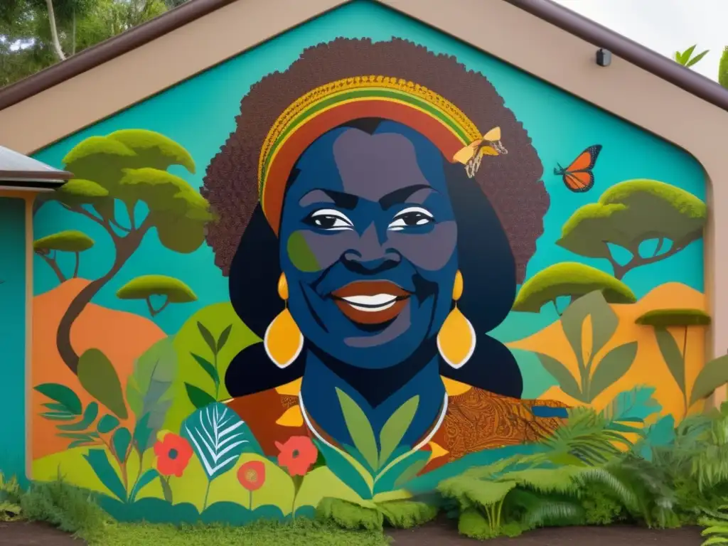 Un mural moderno y vibrante muestra a Wangari Maathai rodeada de exuberante vegetación