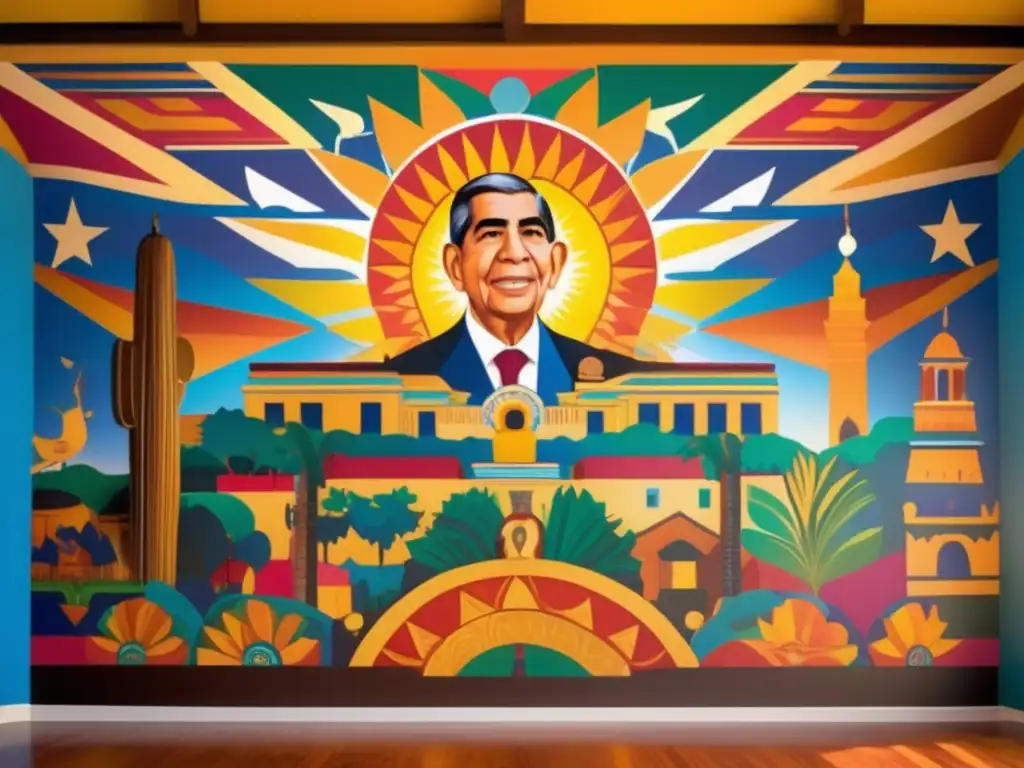 Un mural moderno y vibrante de Oscar Arias rodeado de símbolos de paz y unidad de Centroamérica