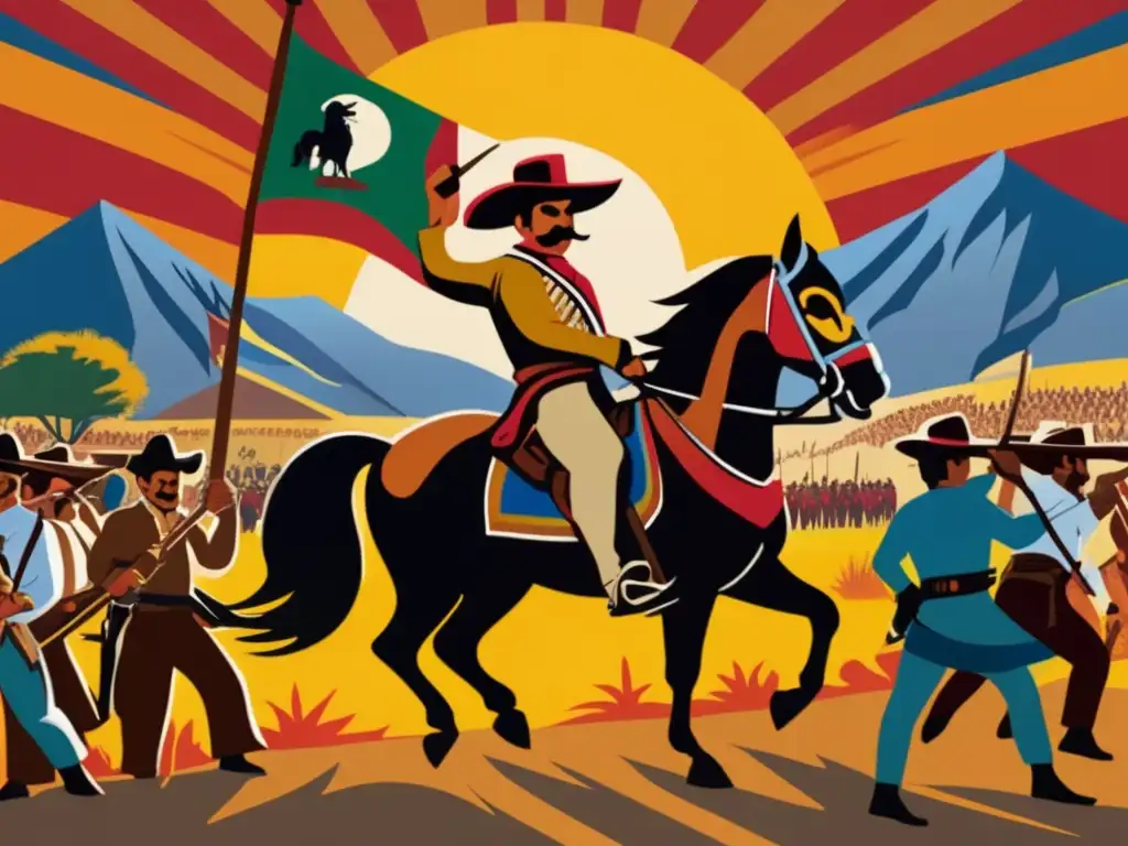 Un mural que retrata a Emiliano Zapata cabalgando rodeado de revolucionarios con banderas y rifles