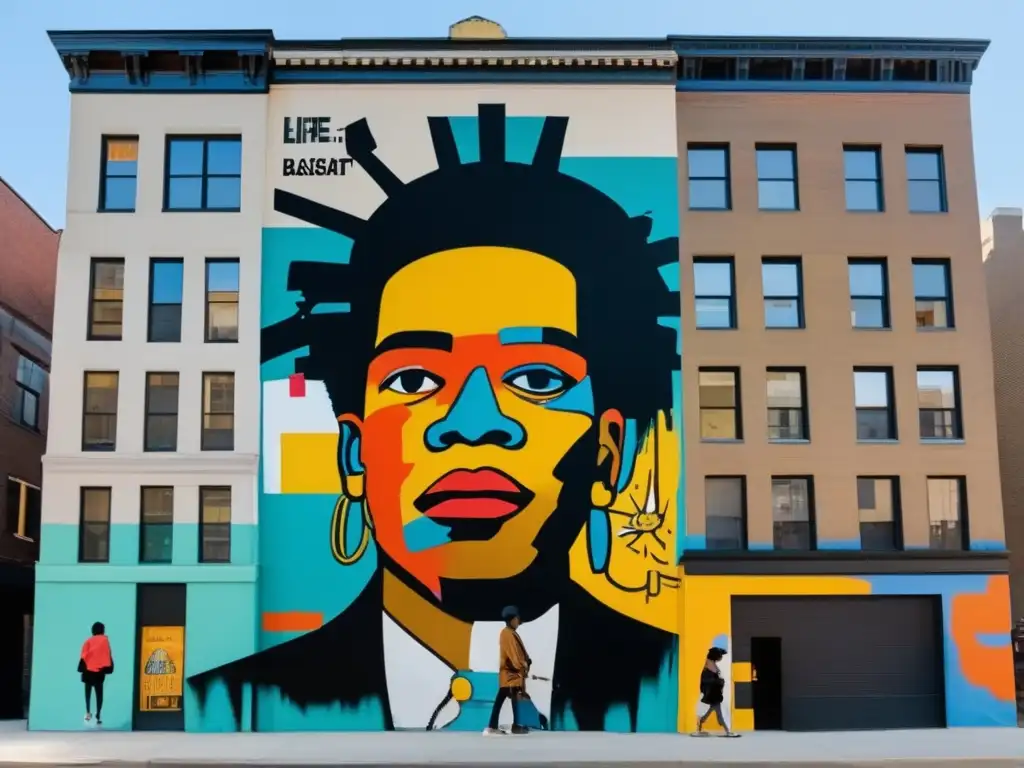 Un mural urbano colorido y vibrante de Jean-Michel Basquiat, destacando en el paisaje citadino