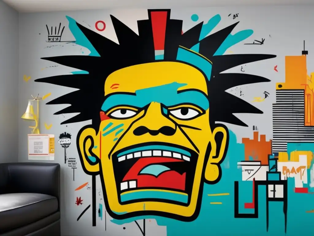 Un mural urbano vibrante y monumental de Jean-Michel Basquiat, con pinceladas dinámicas y detalladas, en una paleta de colores llamativa