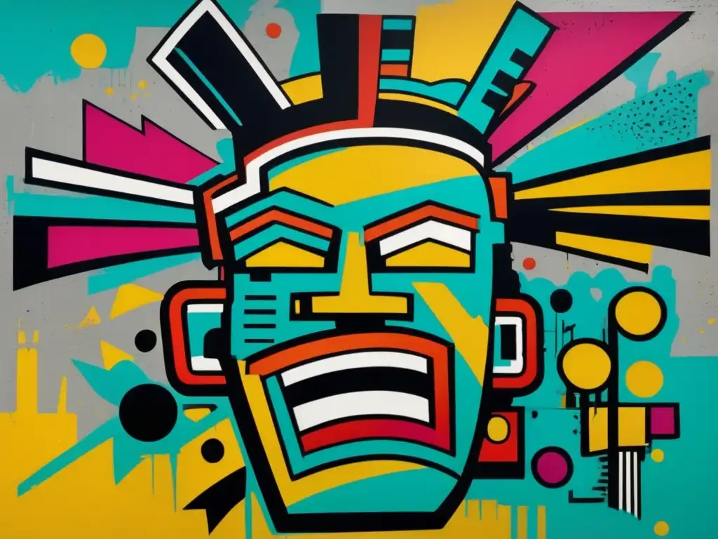 Un mural vibrante de arte callejero inspirado en Basquiat, con figuras abstractas y colores intensos que exudan energía urbana