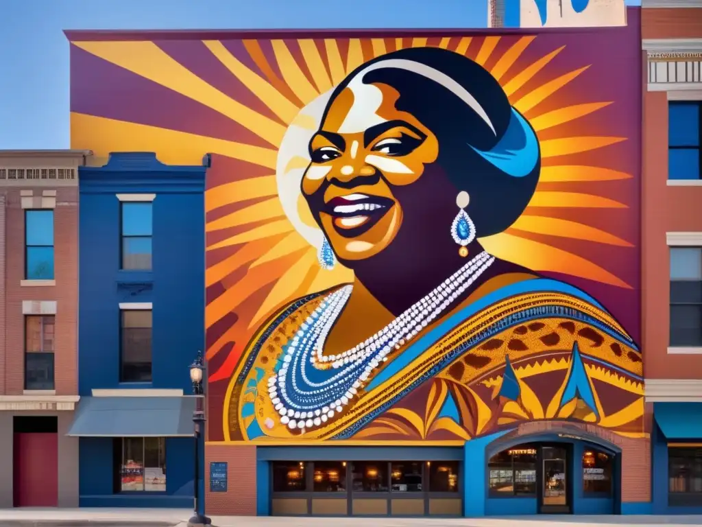Un mural vibrante de Bessie Smith, la Emperatriz del Blues, iluminado por el sol, captura su legado musical en el centro urbano