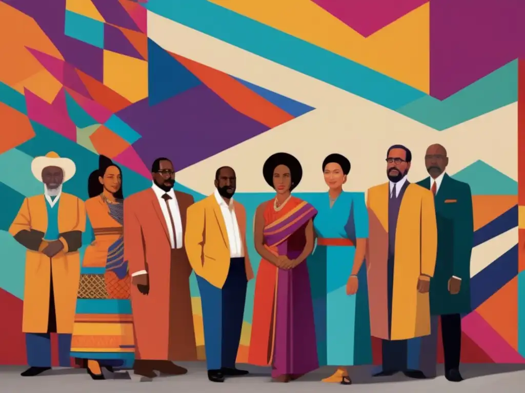 Un mural vibrante que representa figuras clave en la construcción de identidades postcoloniales, con colores audaces y patrones geométricos