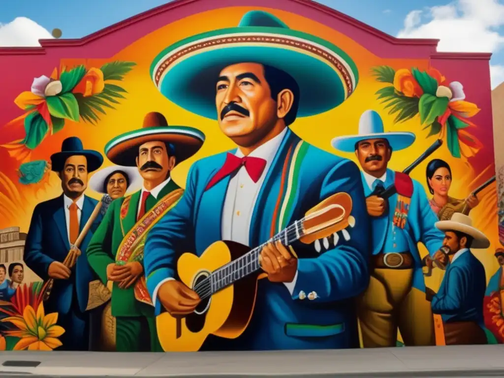 Un mural vibrante que representa la historia cultural y política de México en el siglo XX, con detalles intrincados que muestran eventos transformadores