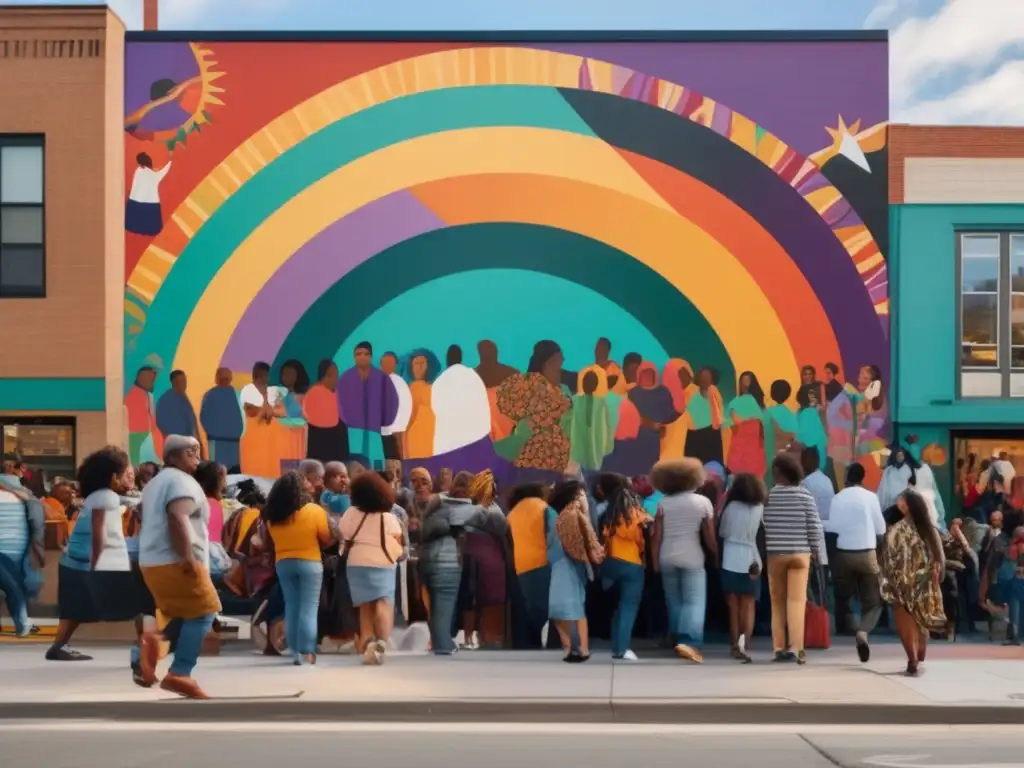 Un mural vibrante de justicia social y activismo destaca en una concurrida calle urbana, reflejando la fuerza de las comunidades marginadas