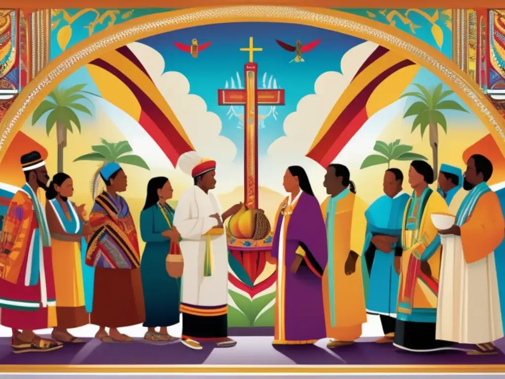 Un mural vibrante muestra a líderes espirituales indígenas y evangelizadores intercambiando conocimientos en un mercado dinámico y colorido