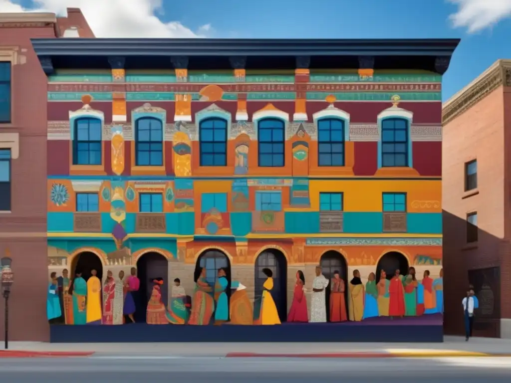 Un mural vibrante y moderno en un edificio histórico con personas de diversas culturas unidas como guardianes culturales en la transición postcolonial
