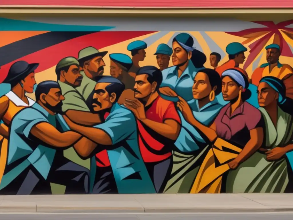 Un mural vibrante y moderno que representa escenas de resistencia social y política, con pinceladas dinámicas y una paleta de colores llamativa