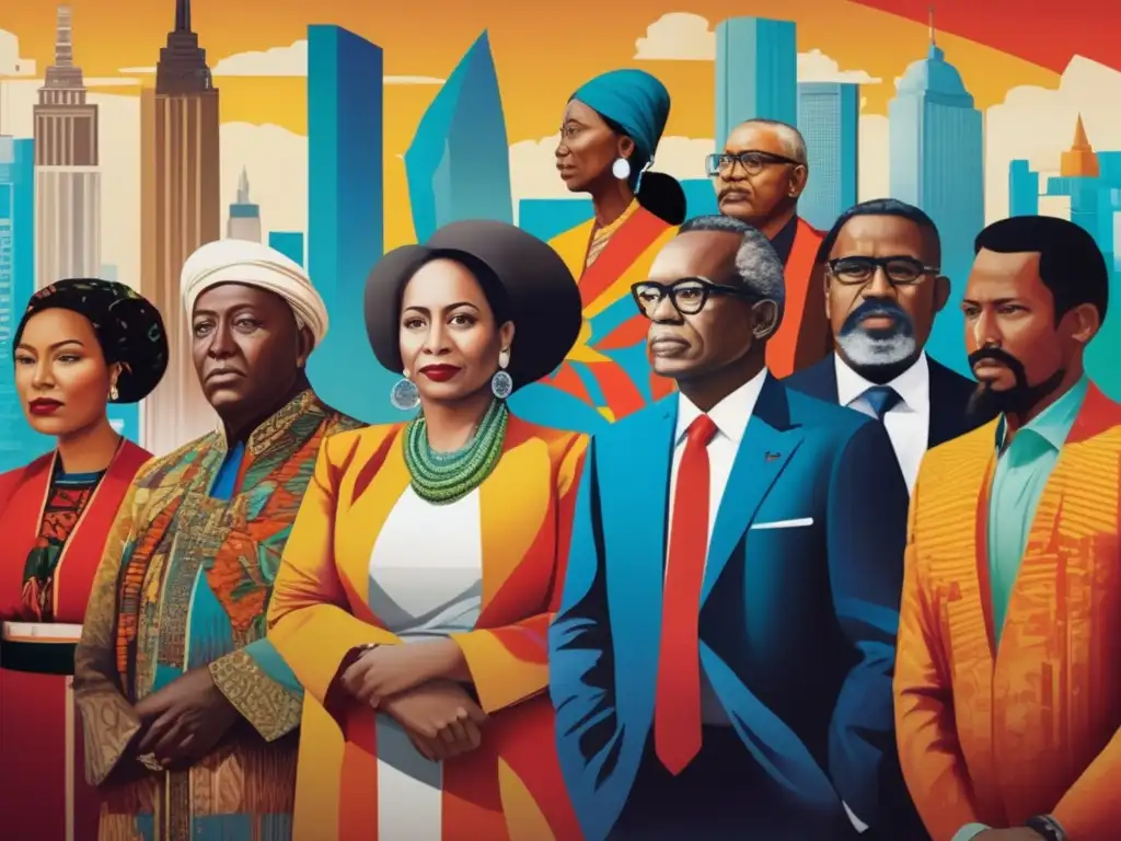 Un mural vibrante y moderno representa figuras clave en la construcción de identidades postcoloniales, unidas en solidaridad y determinación