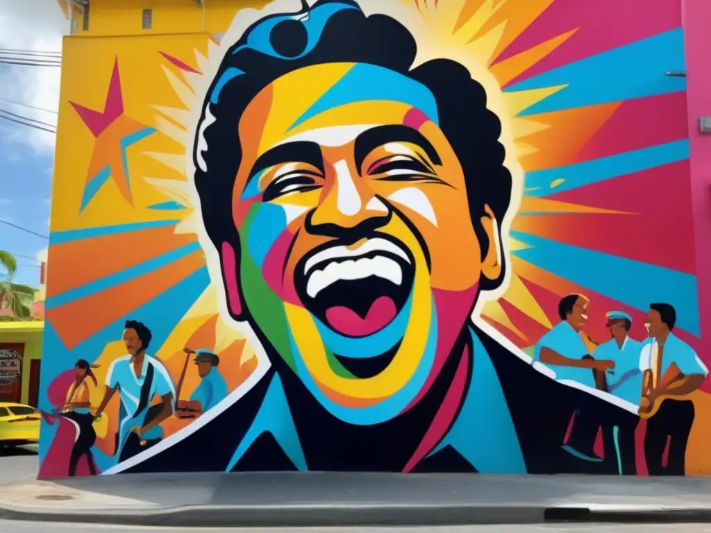 Un mural vibrante y moderno retrata a Héctor Lavoe cantando apasionadamente en una colorida calle de Puerto Rico, rodeado de fans y símbolos puertorriqueños