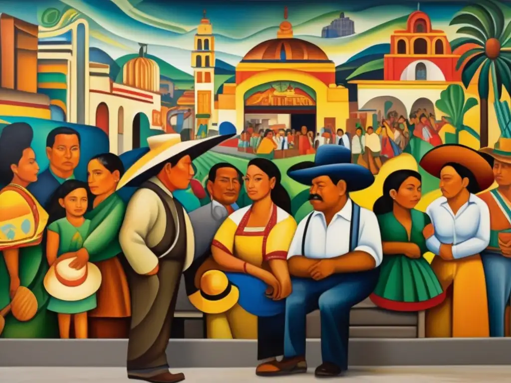 Un mural vibrante y moderno que narra la historia de Diego Rivera en México, con pinceladas expresivas y una paleta de colores rica