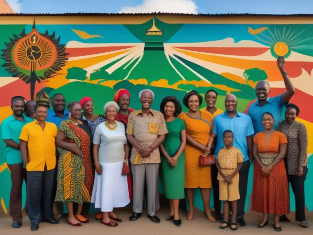 Un mural vibrante en una pared de la ciudad muestra a Julius Nyerere y su filosofía de vida, uniendo a personas diversas en unidad