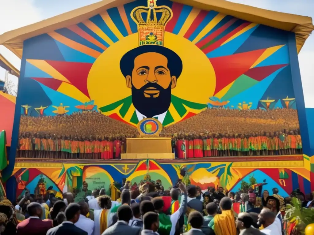 Un mural vibrante que representa la coronación de Ras Tafari como Emperador Haile Selassie I, con colores intensos y detalles intrincados, capturando la profunda importancia del nacimiento del Rastafarismo