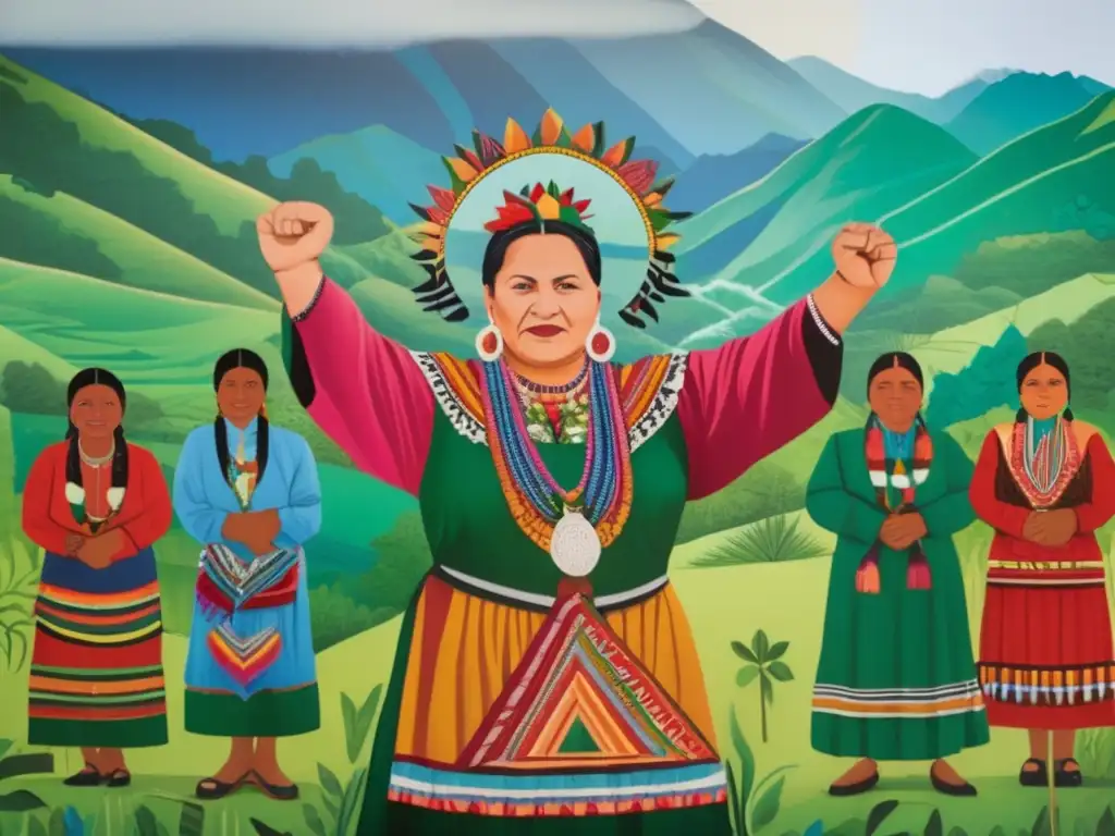 Un mural vibrante de Rigoberta Menchú y un grupo de indígenas levantando el puño en solidaridad, rodeados de montañas verdes