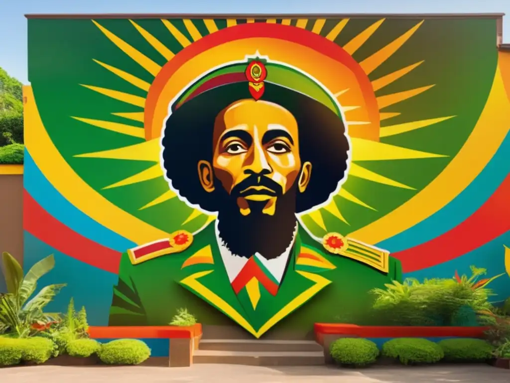 Un mural vibrante de Haile Selassie I rodeado de simbolismo Rastafari, como el león de Judá y motivos de música reggae