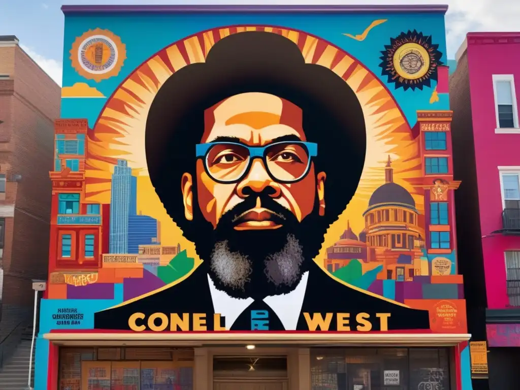 Un mural vibrante muestra a Cornel West rodeado de símbolos de justicia, igualdad y diversidad