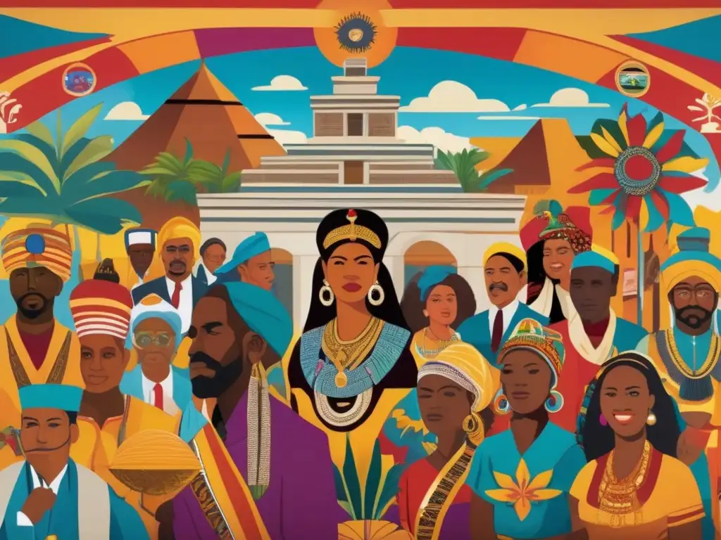 Un mural vibrante que representa símbolos culturales y figuras históricas de naciones postcoloniales