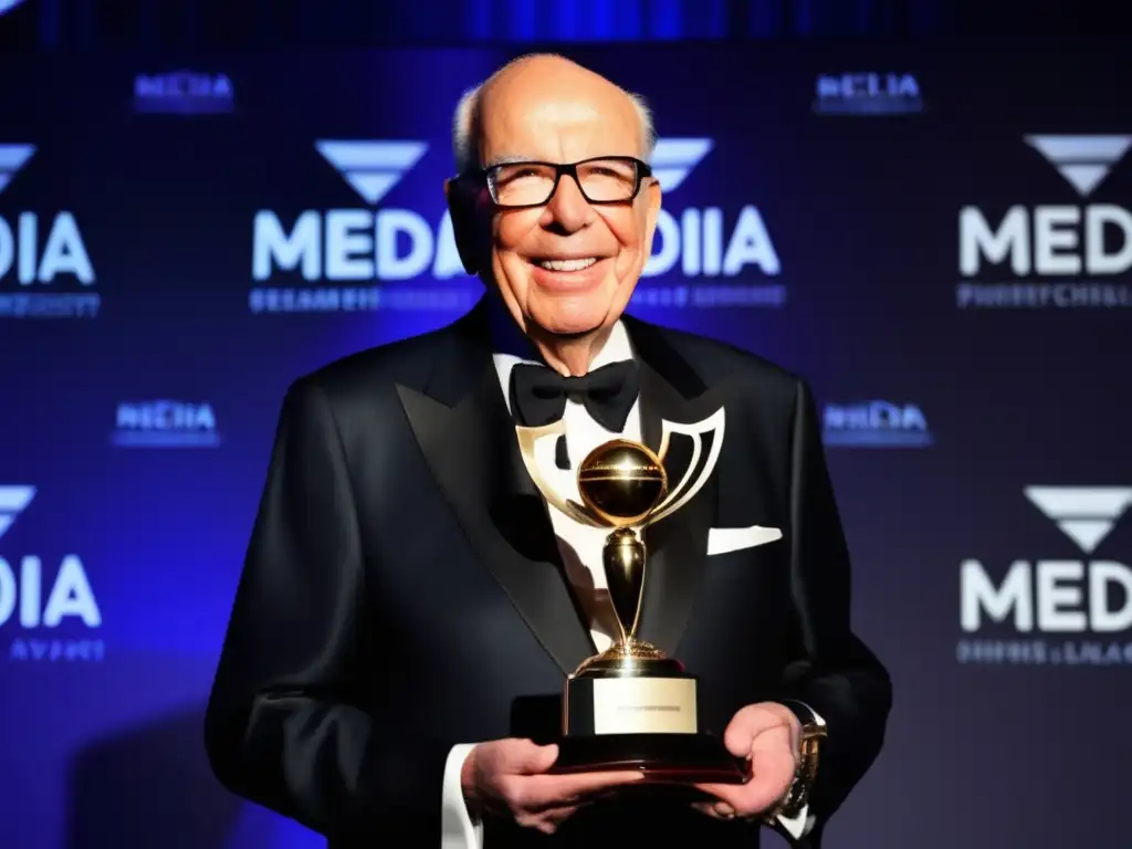 Rupert Murdoch recibe un premio, rodeado de logos de medios