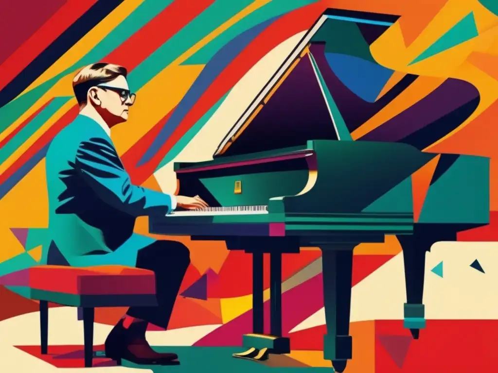 Dmitri Shostakovich crea su música en un entorno soviético tumultuoso, representado en esta vibrante y moderna imagen de collage digital