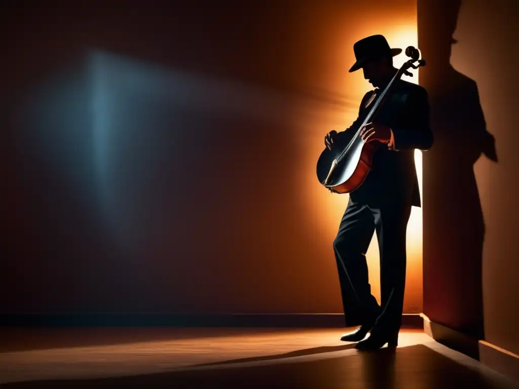 Un músico solitario toca el bandoneón en un club de tango, con iluminación dramática