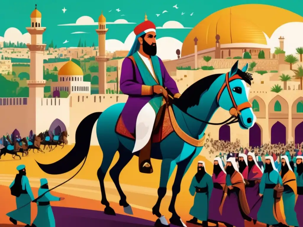 Saladino, líder musulmán, reconquista Jerusalén montado en un majestuoso corcel árabe mientras su ejército avanza hacia la ciudad