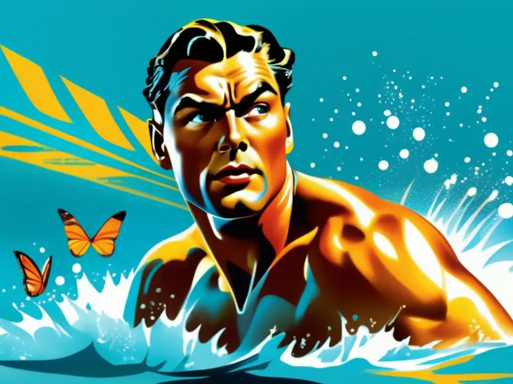 El nadador olímpico Johnny Weissmuller emerge del agua con su potente estilo mariposa, reflejando determinación y fuerza