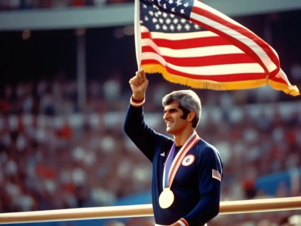 El nadador Mark Spitz en el podio olímpico con sus siete medallas de oro, el sol ilumina su rostro lleno de orgullo y determinación