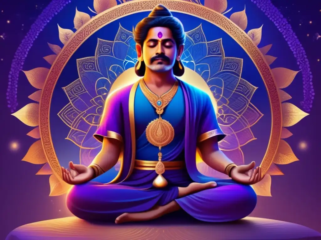 Nagarjuna en profunda meditación, rodeado de símbolos que representan la interconexión universal