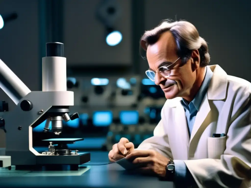 Richard Feynman explorando la nanotecnología en su laboratorio, concentrado en manipular estructuras nanométricas bajo un microscopio potente