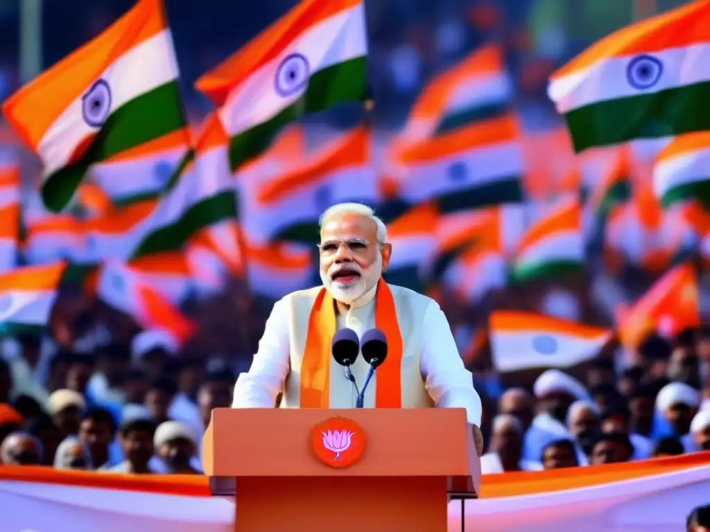 Narendra Modi, primer ministro de la India, da un discurso en un gran mitin político con la bandera india de fondo y una multitud diversa ovacionando
