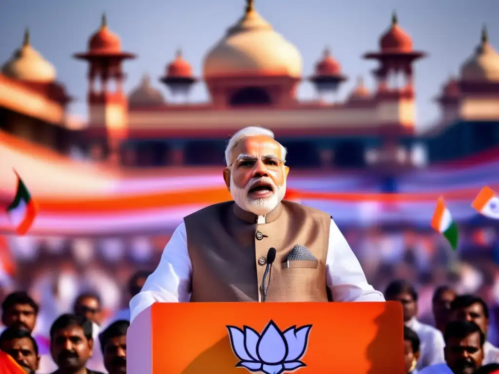 Narendra Modi, primer ministro de India, pronunciando un discurso en un vibrante mitin político con gestos dinámicos y determinación